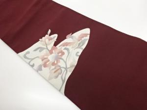 綴れ曲線に抽象花唐草・鳥模様織出し名古屋帯